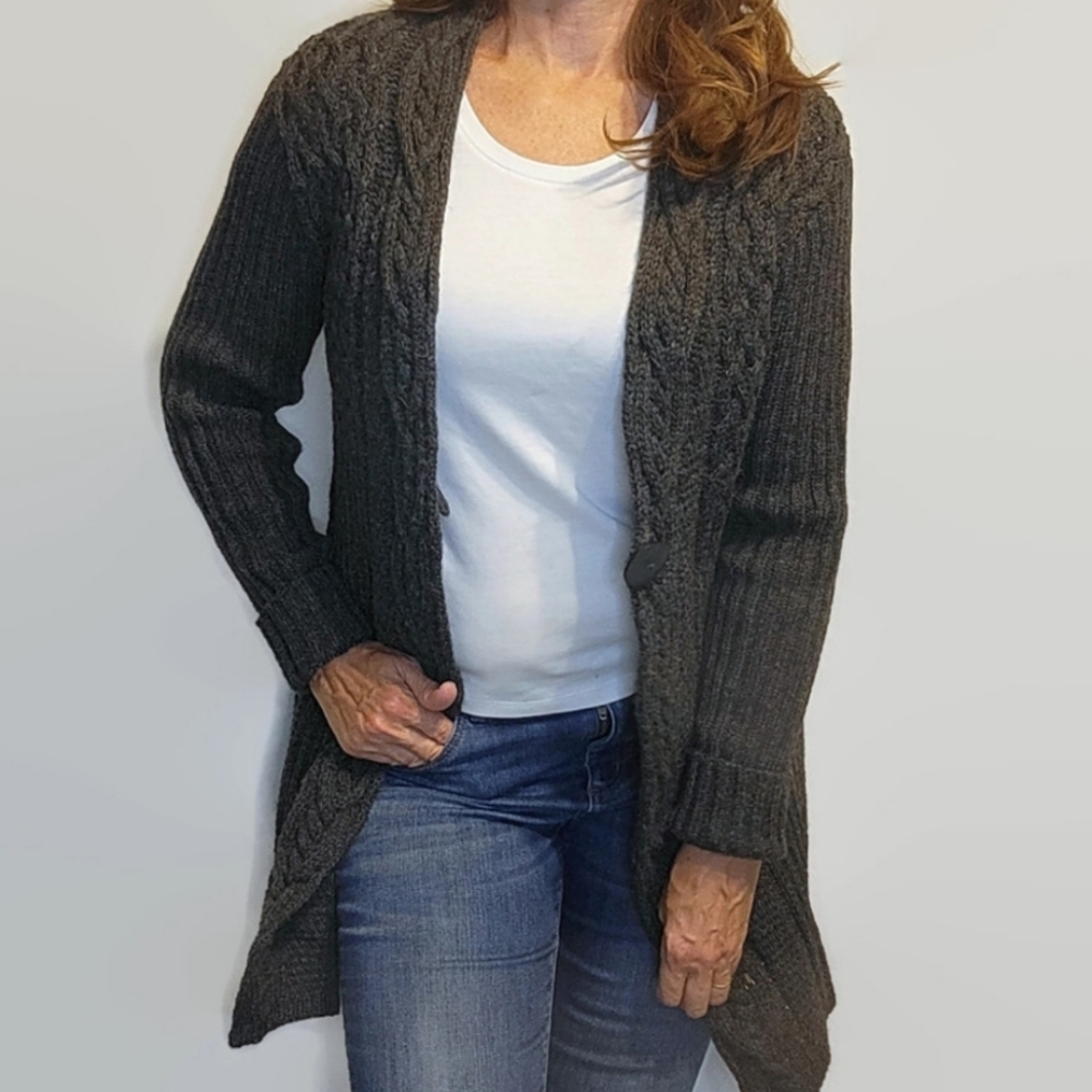 Inis Crafts Irish Wool Gray Long Cardigan Sweater